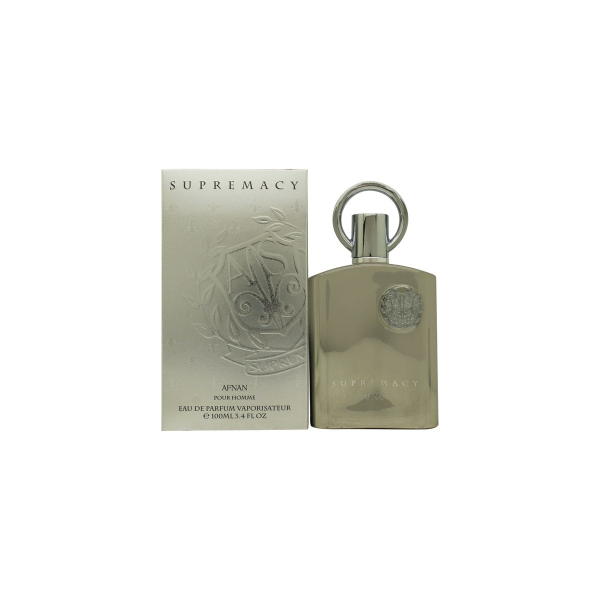 Supremacy Silver Eau De Parfum, Afnan, 100 ml sølvfarvet flaske med blank finish og sort kapsel