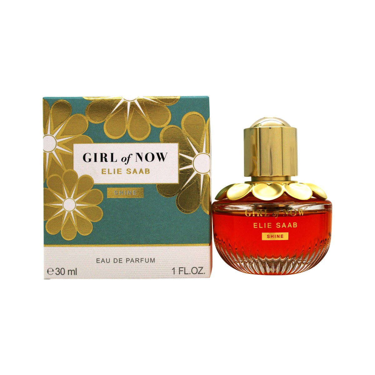 Girl Of Now Shine Eau De Parfum Elie Saab 30 ml, rund glasflaske med gylden duft og blåguldkork i facetteret design
