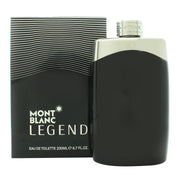 Mont Blanc Legend Eau de Toilette 200ml, Mont Blanc 200 ml, sort rektangulær glasflaske med sølvlogo og metallåg.