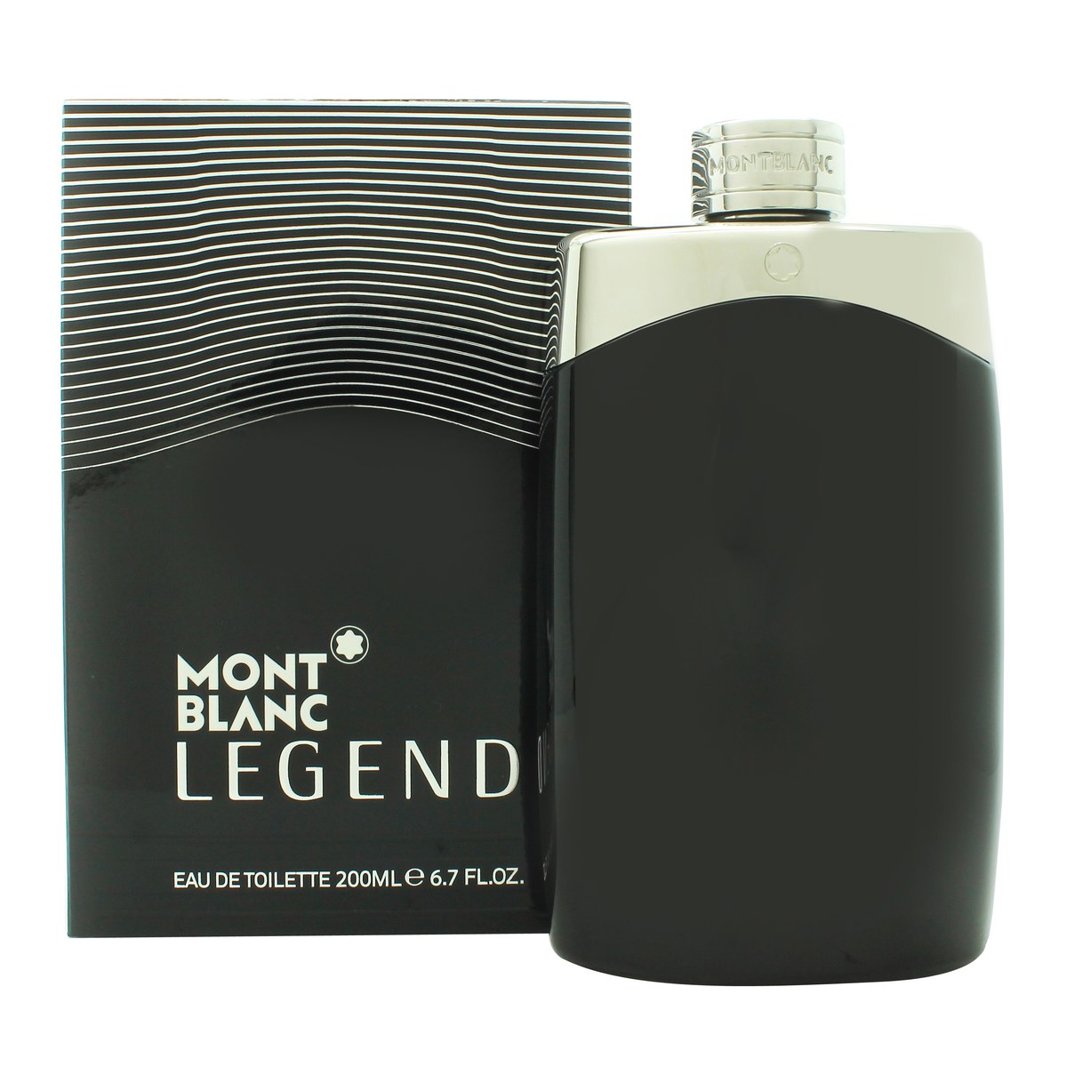 Mont Blanc Legend Eau de Toilette 200ml, Mont Blanc 200 ml, sort rektangulær glasflaske med sølvlogo og metallåg.