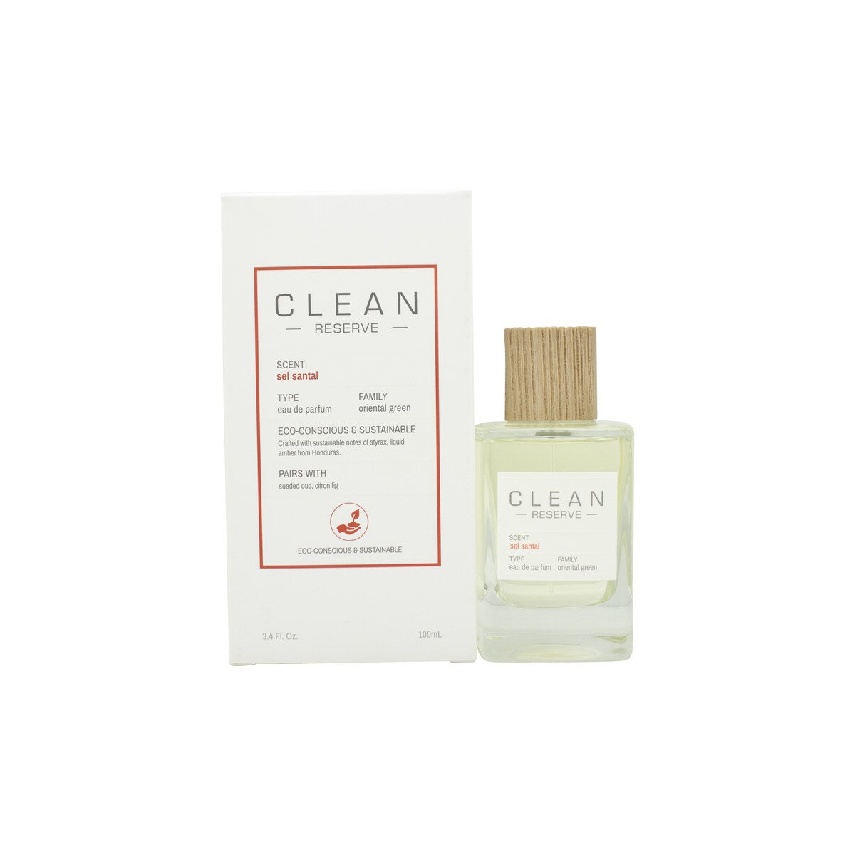 Clean Sel Santal Eau de Parfum 100 ml fra Clean – klar rektangulær flaske med ravfarvet duft og sølvlåg samt hvid etiket