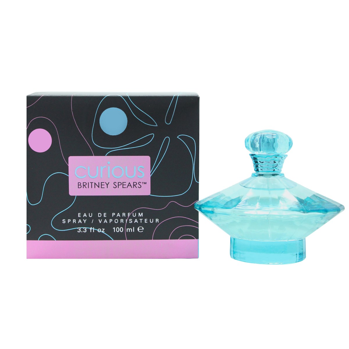 Curious Eau De Parfum Britney Spears 100 ml, lyseblå krystalklar flakon med afrundet form og to lyserøde hjerter