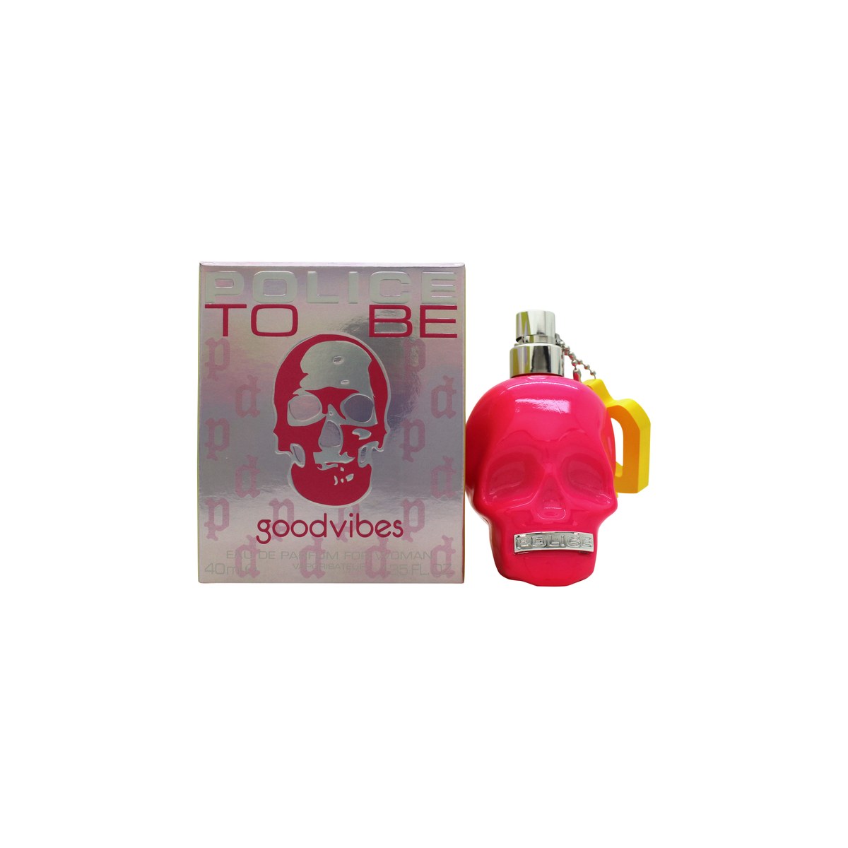 Police To Be Goodvibes For Her Eau de Parfum 40 ml fra Police, kranieformet flakon i lilla gradient med guldlåg og mønster.