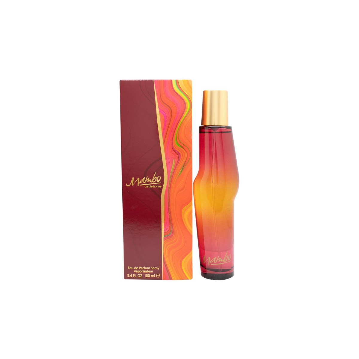 Liz Claiborne Mambo Eau De Parfum 100 ml flaske i klart glas med sølvfarvet låg og orange, elegant design