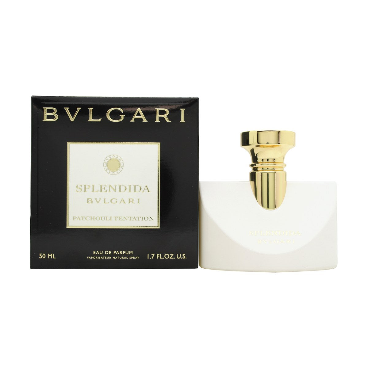 Bvlgari Splendida Patchouli Tentation Eau de Parfum, Bvlgari 50 ml – bordeaux glasflaske med guldfarvet detalje og sort låg.