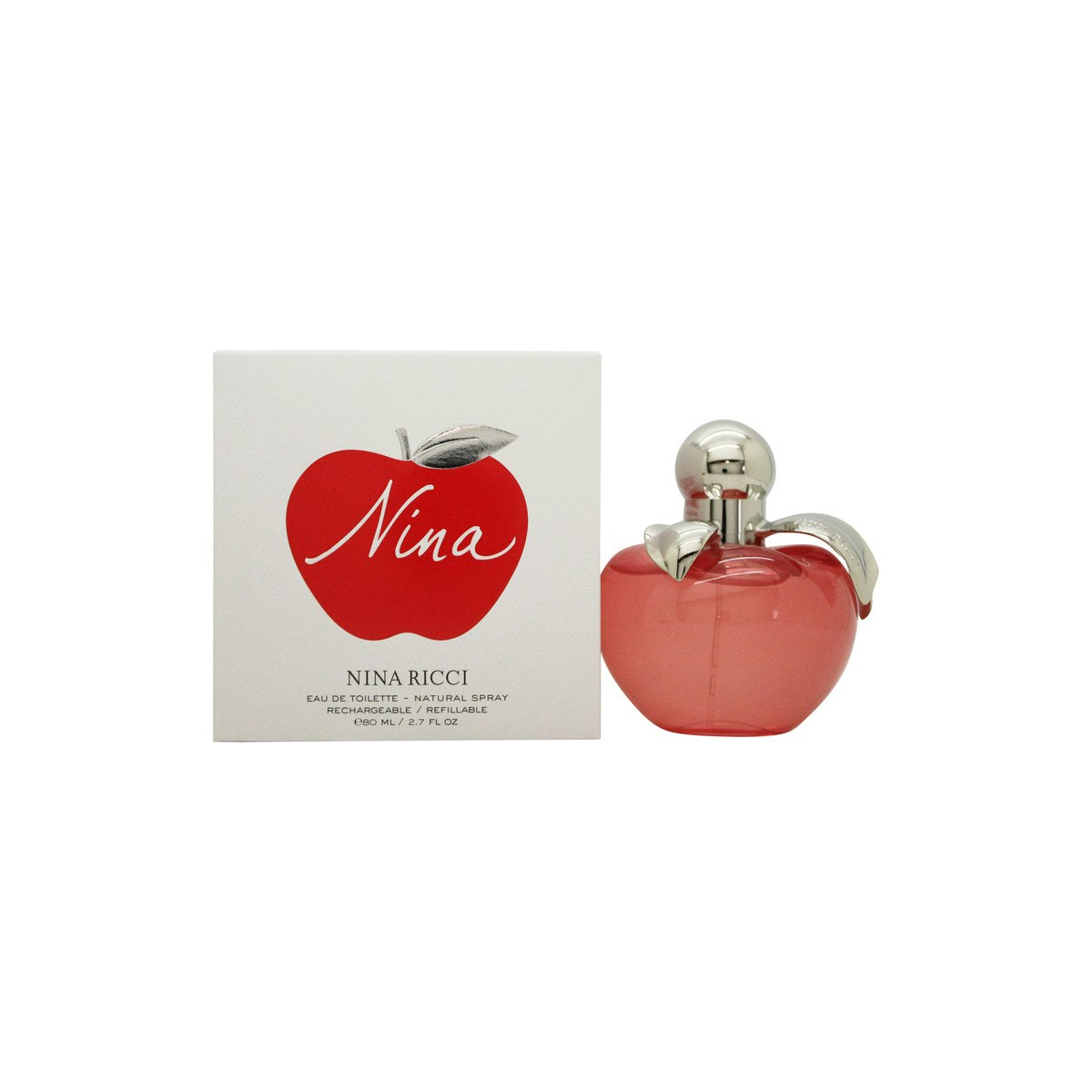 Nina Eau De Toilette Nina Ricci 80 ml, rød æbleformet glasflaske med sølvblade og klar bund i enkelt, eventyrligt design