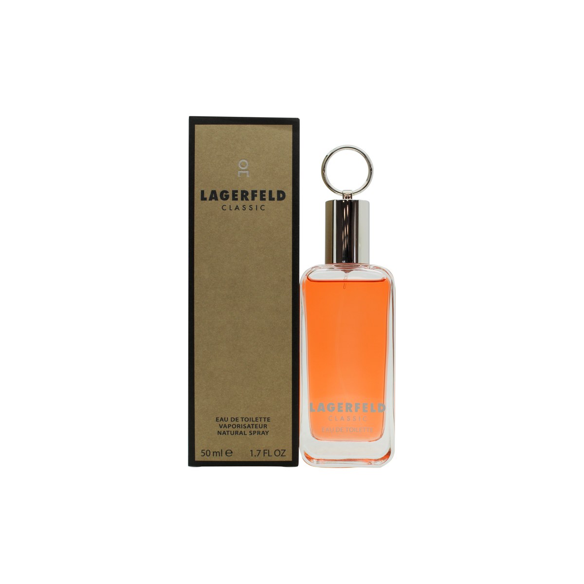 Karl Lagerfeld Classic Eau de Toilette, Karl Lagerfeld, 50 ml – rektangulær ravfarvet glasflaske med sort prop og gyldne detaljer