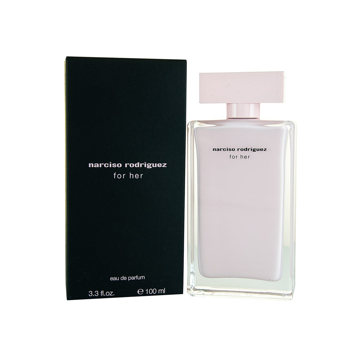 For Her Eau De Parfum, Narciso Rodriguez, 100 ml – klar glasflaske med geometrisk form og blød nude-pink indre
