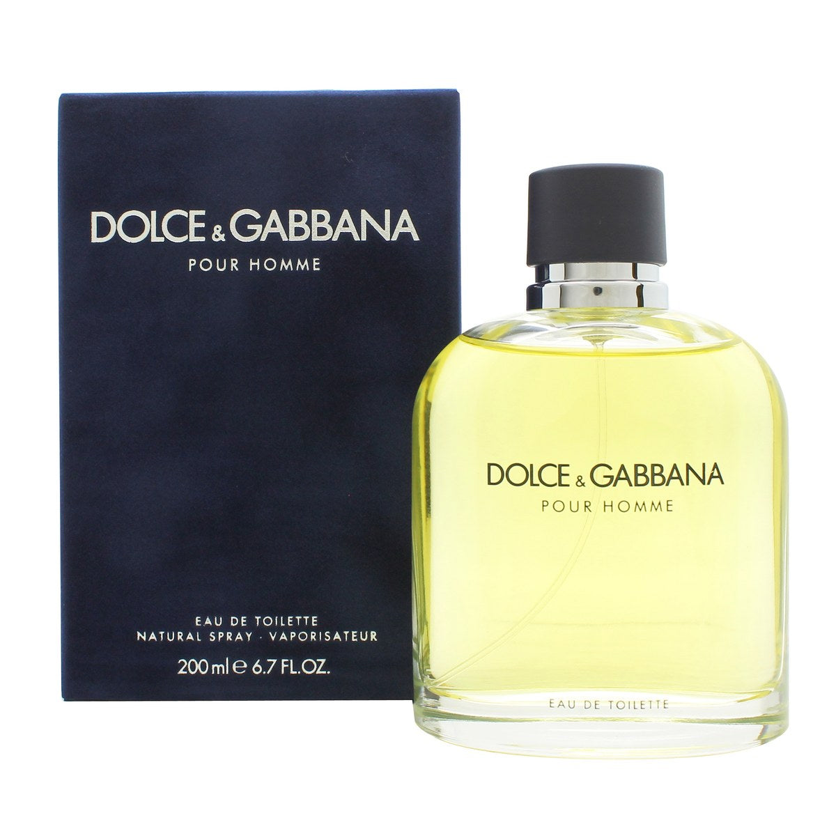 Dolce & Gabbana Pour Homme Eau De Toilette, Dolce & Gabbana, 200 ml – klar glasflaske med lysegrøn duft, sølvfarvet låg.