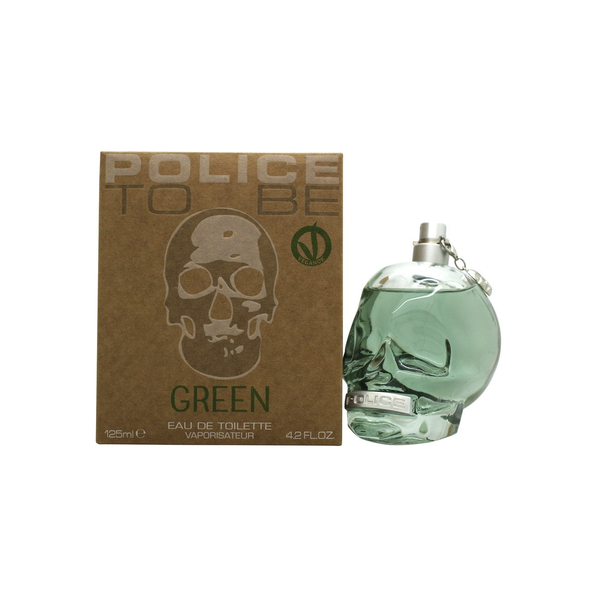 Police To Be Green Eau de Toilette 125 ml, grøn transparent kranieformet flakon med guldfarvede detaljer og sort hætte