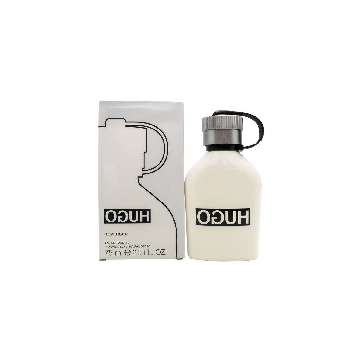 Hugo Boss Hugo Reversed Eau de Toilette 75 ml – hvid mat flakon med sort logo og sølvfarvet spraytop.