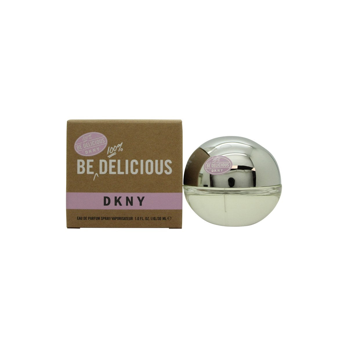 DKNY DKNY Be 100% Delicious Eau de Parfum 30 ml – klar glasflakon formet som æble med sølvfarvet top og frisk grønt indhold