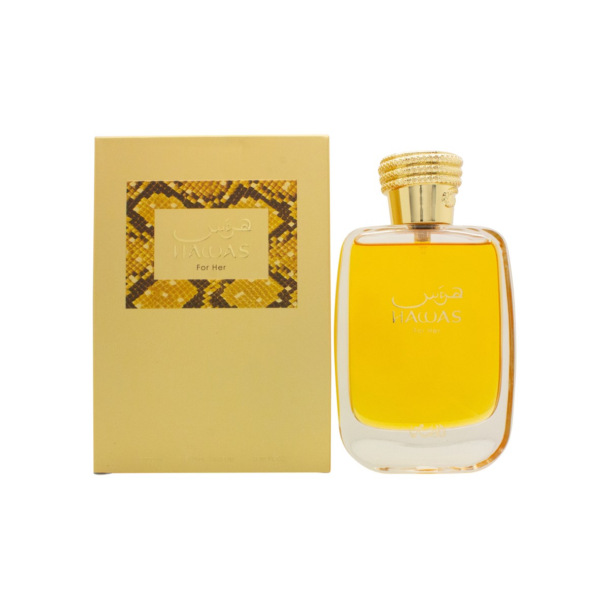 Hawas For Her Eau De Parfum – Rasasi 100 ml, lilla glasflakon med facetslebet form, floral stemning