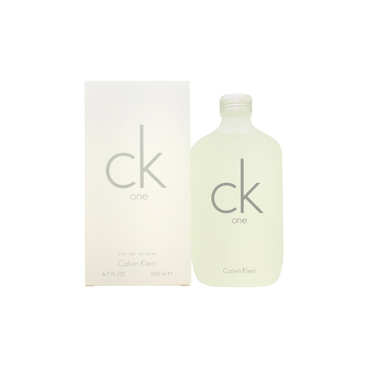 Ck One Eau De Toilette, Calvin Klein, 200 ml klar, minimalistisk glasflaske med sort skruelåg og enkel sort typografi