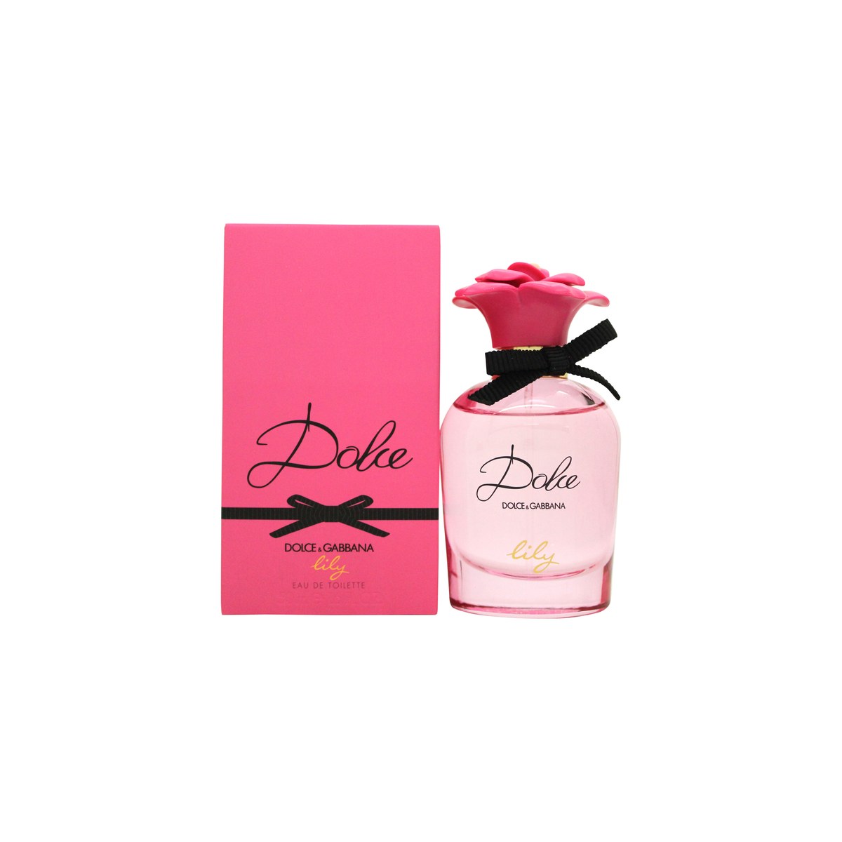 Dolce & Gabbana Dolce Lily Eau de Toilette 50 ml, lyserød glasflakon med sort sløjfe og blomsterformet låg i pink nuance.