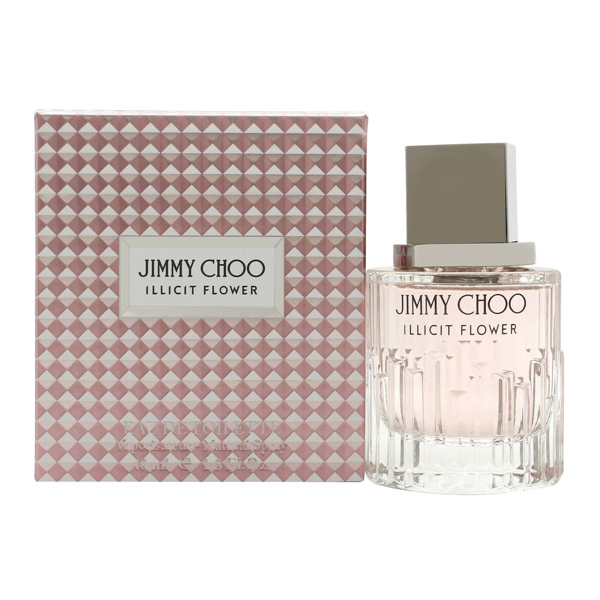 Illicit Flower Eau De Toilette, Jimmy Choo, 40 ml – klar facetslebet glasflaske med blomsterform og sølvfarvet låg