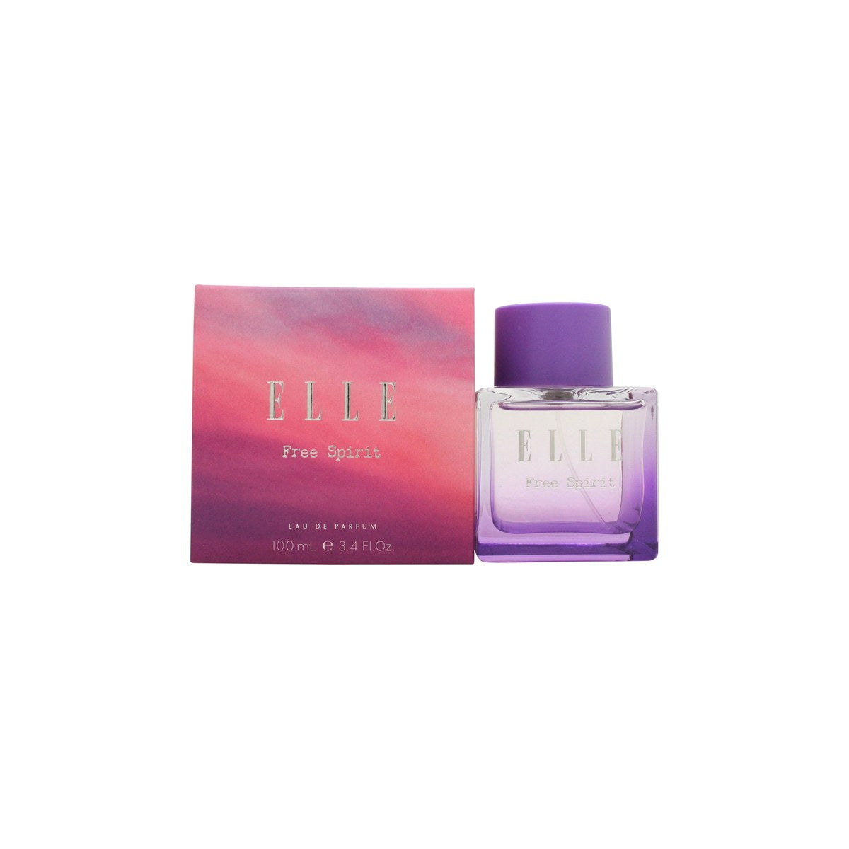 Elle Free Spirit Eau de Parfum 100 ml i klar, let rosa glasflakon med rektangulær form og sølvfarvet låg