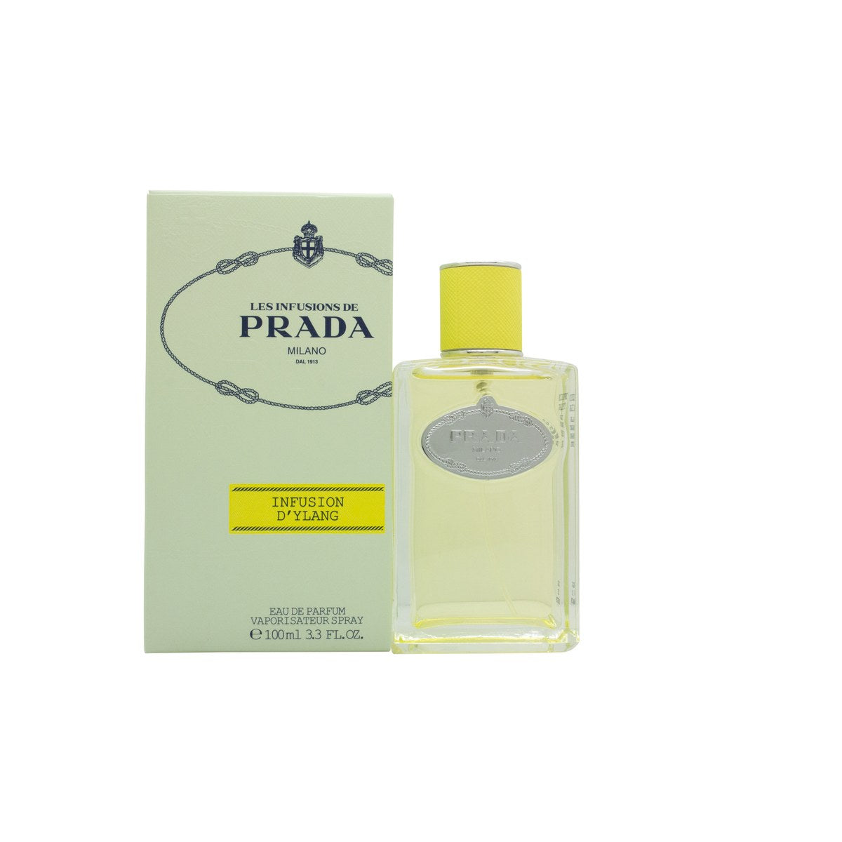 Prada Infusion d'Ylang Eau de Parfum, Prada, 100 ml – klar glasflaske med gyldent låg og lysegul duft, minimalistisk etiket