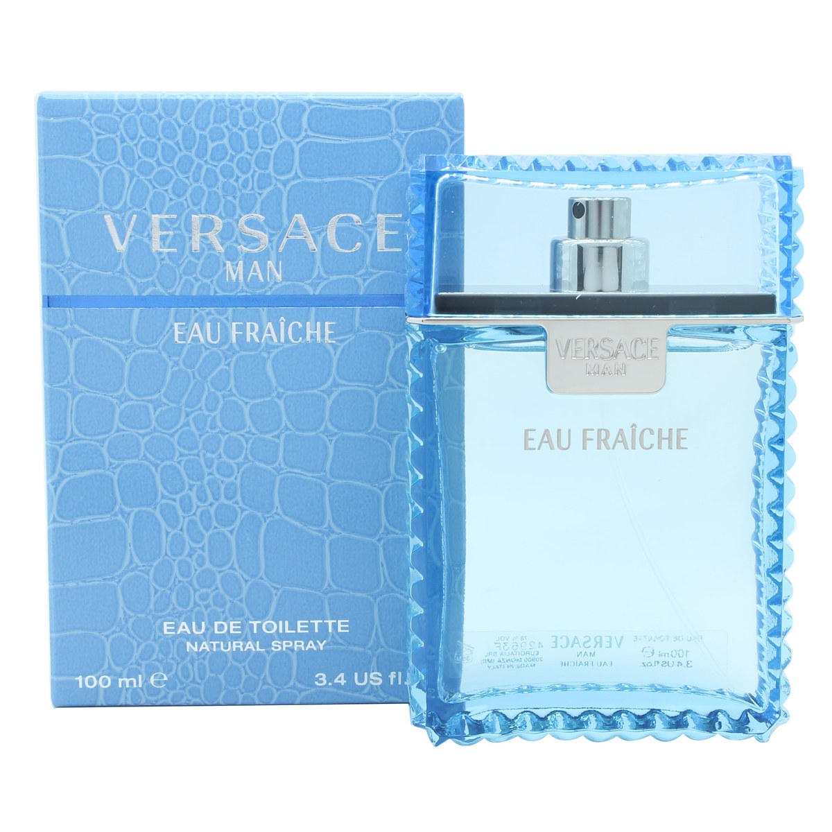 Versace Man Eau Fraiche Eau de Toilette 100 ml, Versace – klar blå glasflaske med rektangulær form og sølvdetaljer.