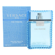 Versace Man Eau Fraiche Eau de Toilette 100 ml, Versace – klar blå glasflaske med rektangulær form og sølvdetaljer.