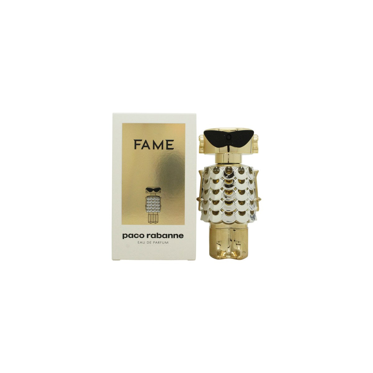 Paco Rabanne Fame Eau de Parfum, Paco Rabanne 50 ml – guldfarvet robotinspireret flakon med sort top og blank finish