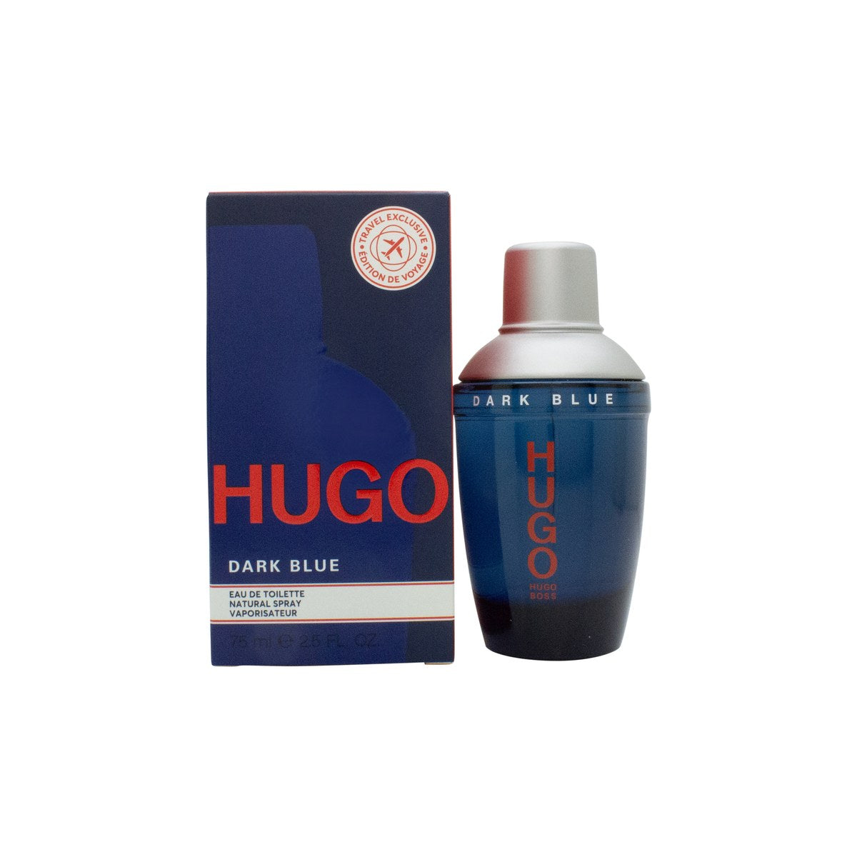 Dark Blue Eau De Toilette, Hugo Boss 75 ml mørkeblå cylindrisk flaske i shaker-design med sølvfarvet låg