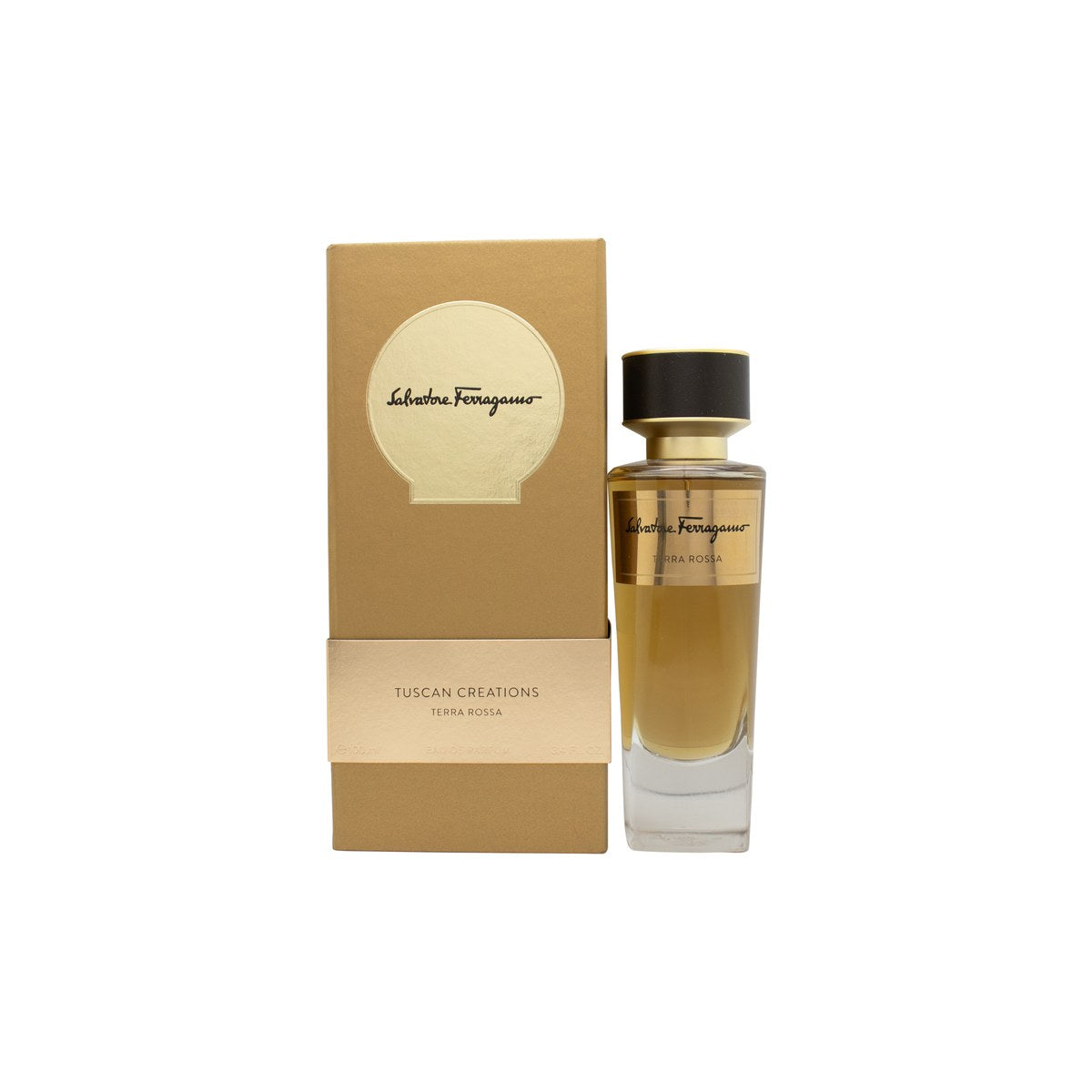 Salvatore Ferragamo Terra Rossa Eau de Parfum, Salvatore Ferragamo, 100 ml – rød glasflakon med rund form og gylden hætte