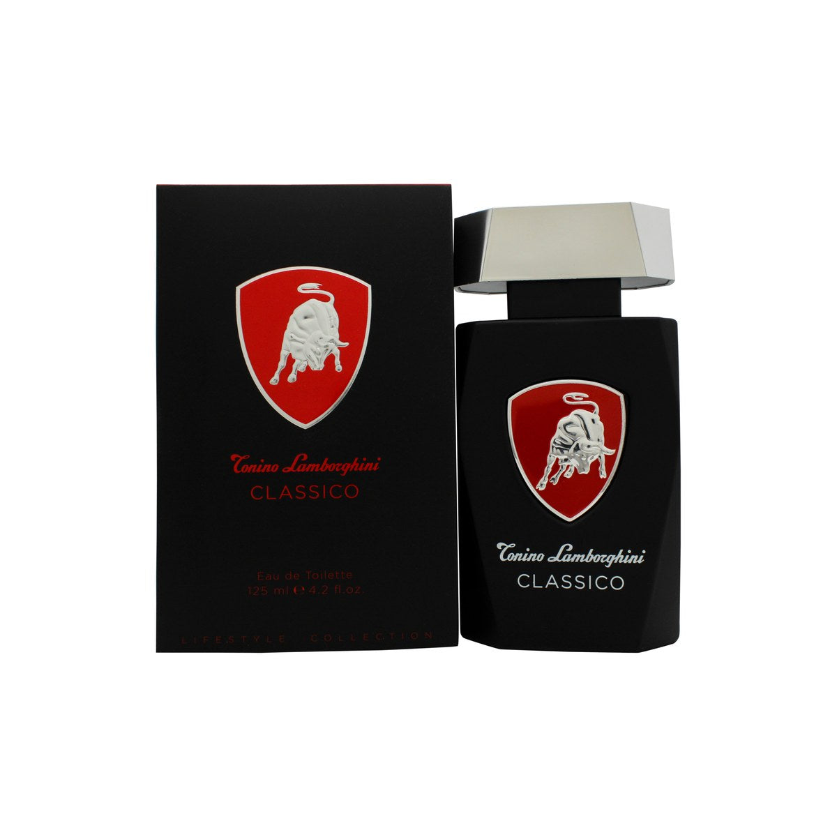 Lamborghini Classico Eau de Toilette 125 ml fra Lamborghini i mørk kantet glasflaske med sort låg og gyldent logo på fronten.