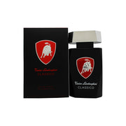 Lamborghini Classico Eau de Toilette 125 ml fra Lamborghini i mørk kantet glasflaske med sort låg og gyldent logo på fronten.