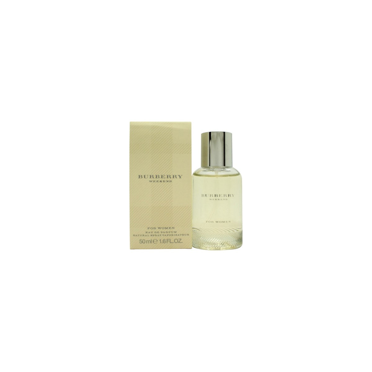 Burberry Weekend For Women Eau De Parfum, Burberry, 50 ml – klar glasflaske i rundet rektangel, lysegult indhold og sølvlåg