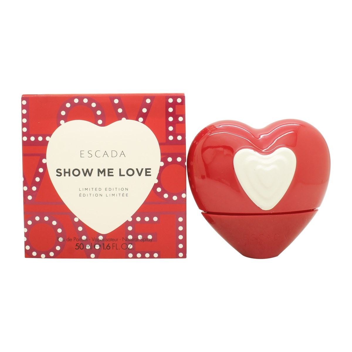 Escada Show Me Love Eau de Parfum 50 ml fra Escada – hjerteformet rød flakon i blankt glas med gylden spraytop og kædedetalje
