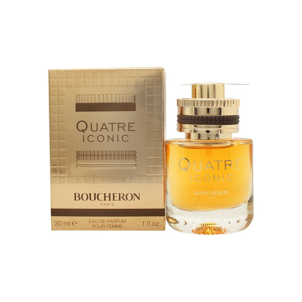 Boucheron Quatre Iconic Eau de Parfum 30 ml fra Boucheron, guldrillet cylindrisk flakon med hvid top og ringdetaljer