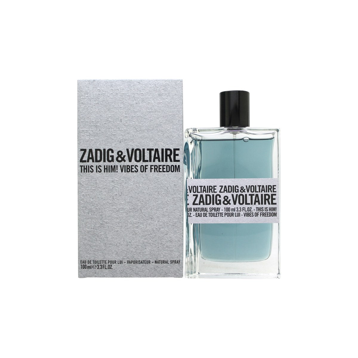 This Is Him! Vibes Of Freedom Eau De Toilette, Zadig & Voltaire 100 ml, rektangulær flakon med mørke sider og grafisk tekst