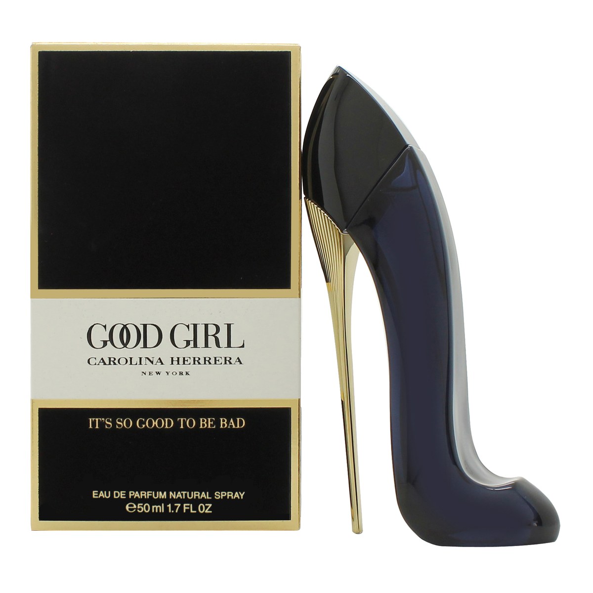 Good Girl Eau De Parfum Carolina Herrera 50 ml, sort stilettoformet flakon med højglansfinish og gylden hæl