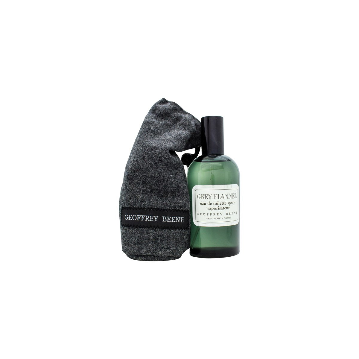 Grey Flannel Eau De Toilette Geoffrey Beene 120 ml rektangulær glasflaske med lysegrøn væske og grå flannelhætte