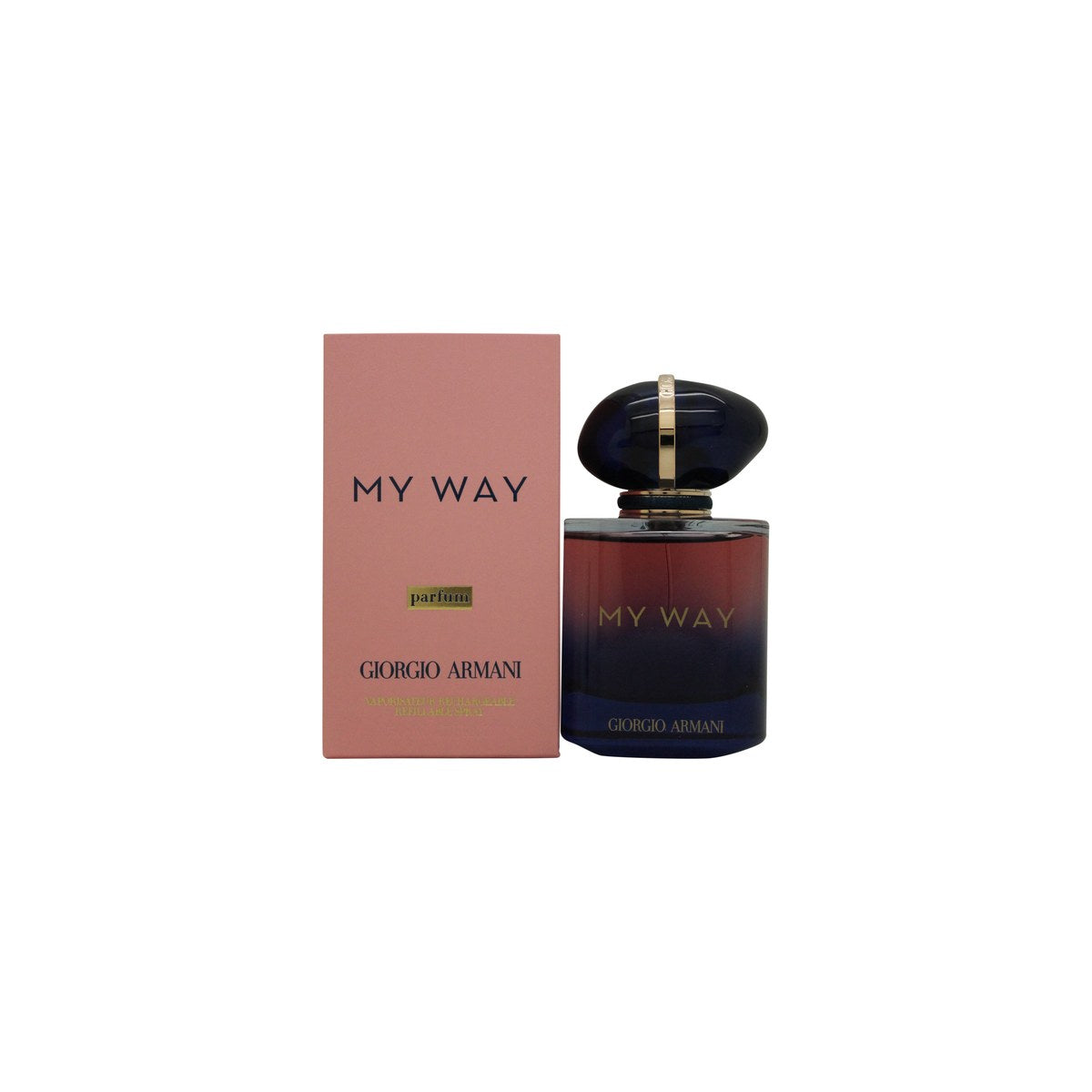 Giorgio Armani My Way Parfum Eau de Parfum, Giorgio Armani, 50 ml – ravfarvet glasflaske med dybblå låg og gylden ringdetalje.