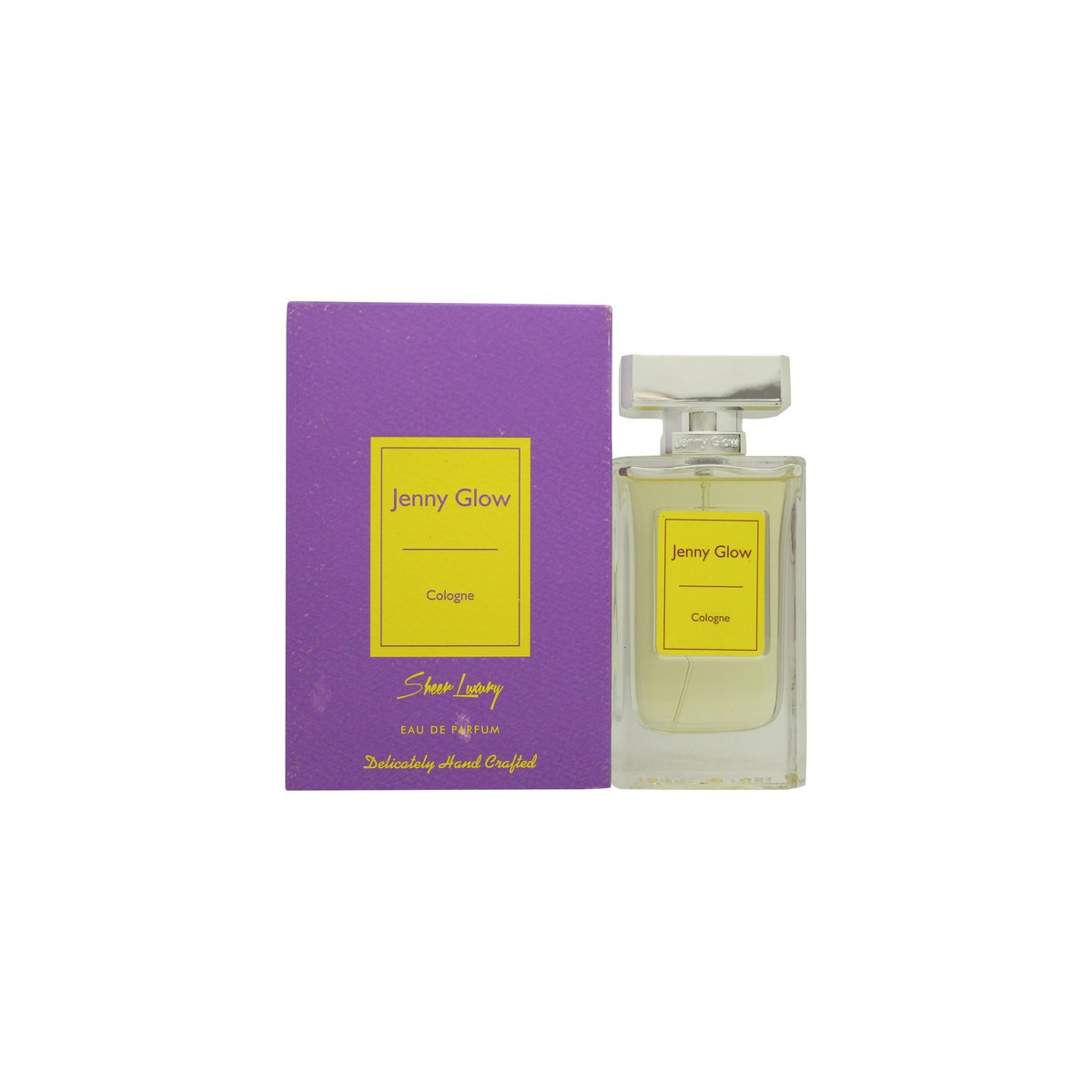 Jenny Glow Cologne Eau de Parfum 80 ml fra Jenny Glow – rektangulær klar glasflaske med sølvfarvet låg og hvid etiket