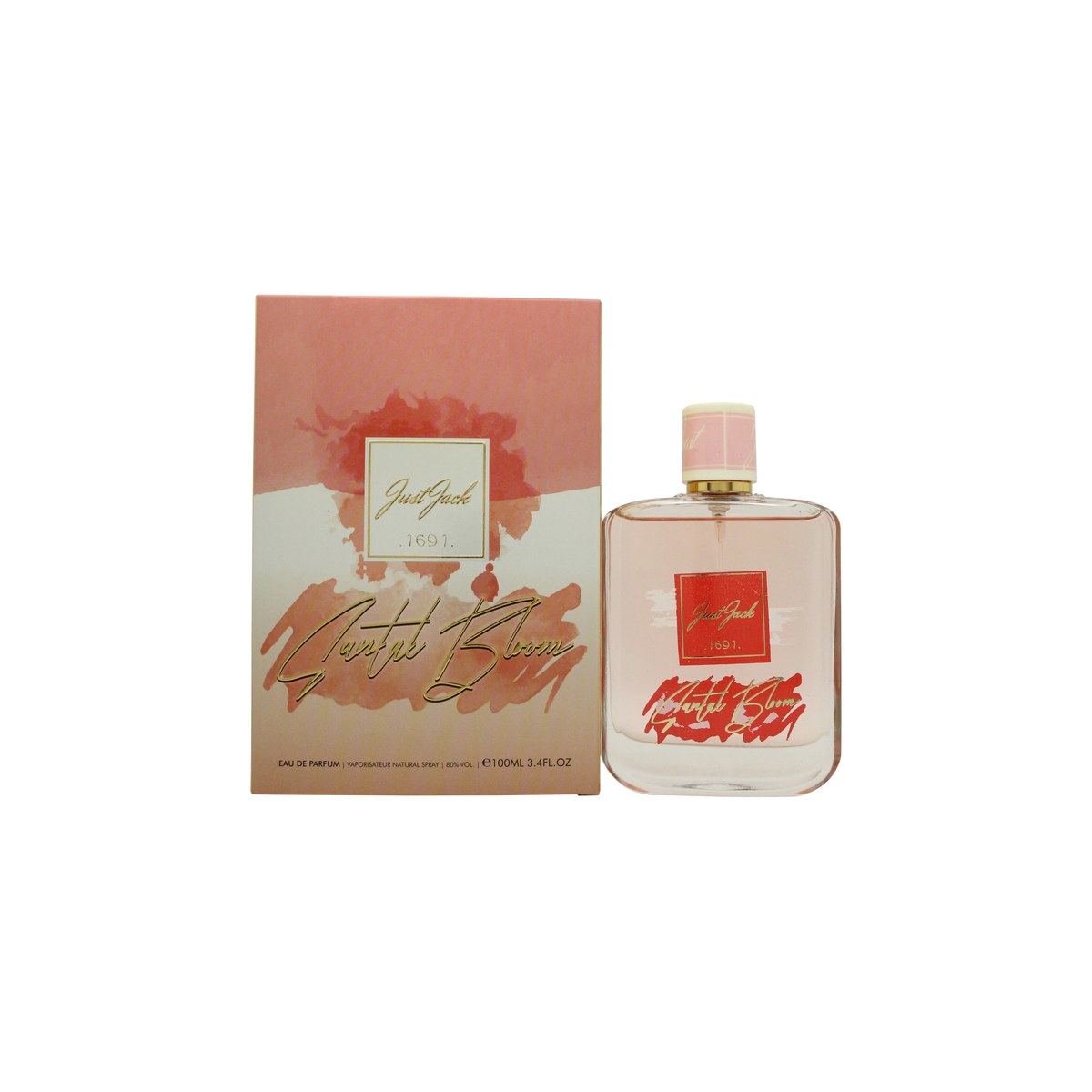Just Jack Santal Bloom Eau de Parfum 100 ml fra Just Jack – rektangulær glasflaske med gylden etiket og sort låg