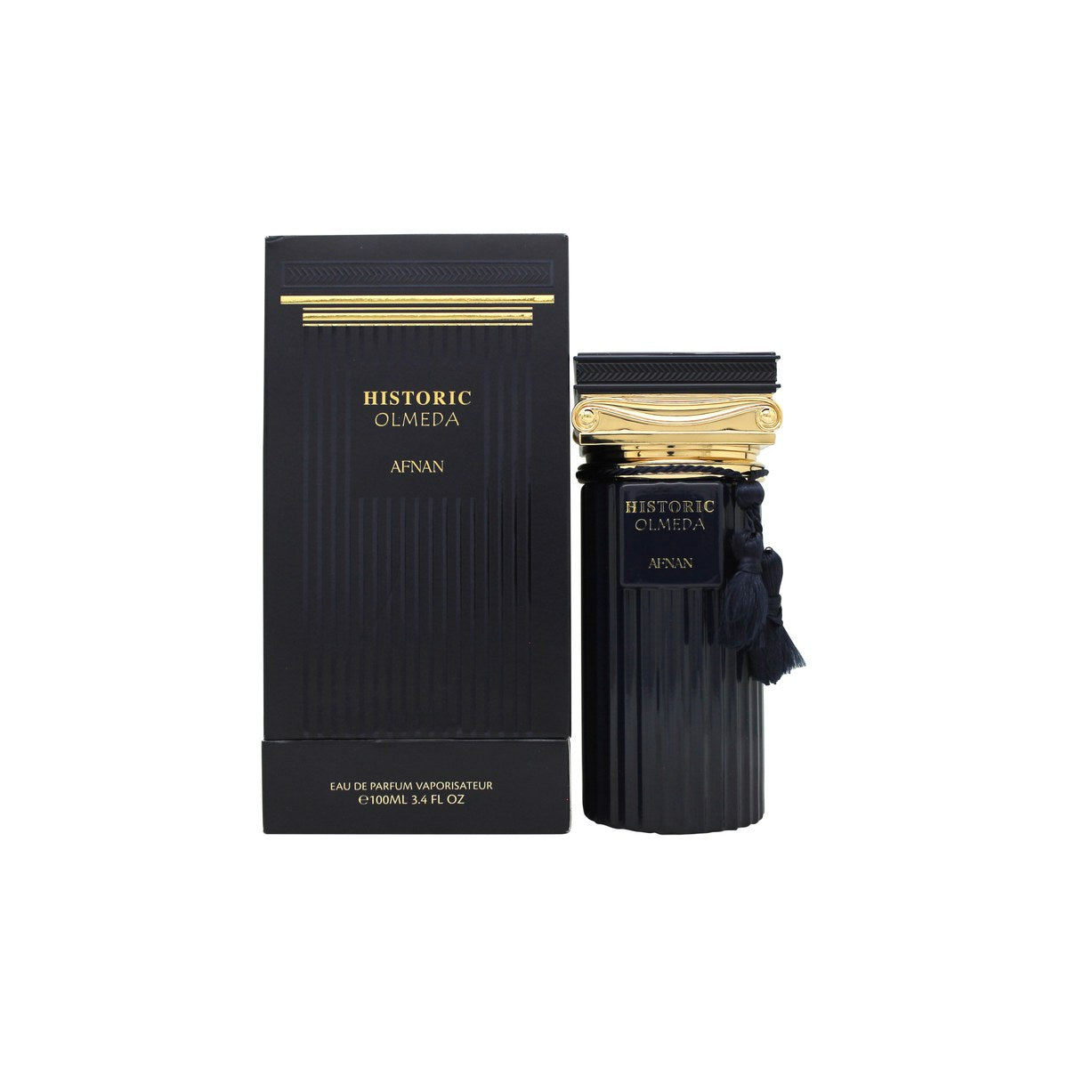 Afnan Historic Olmeda Eau de Parfum 100 ml fra Afnan i mørkeblå flakon med sølv låg og rund medaljon foran
