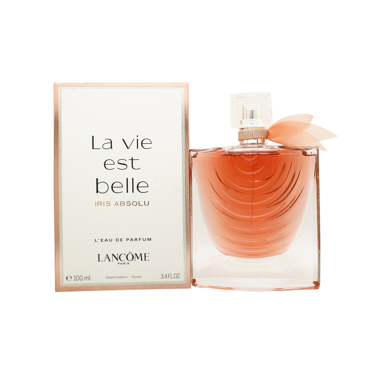 Lancôme La Vie Est Belle Iris Absolu Eau de Parfum 100 ml – glasflaske med lilla tone, sløjfe ved halsen og iriserende logo