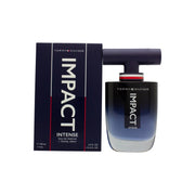 Tommy Hilfiger Impact Intense Eau De Parfum 100 ml, mørkeblå glasflaske i T-form med gradienteffekt og rød-hvid-blå detaljer