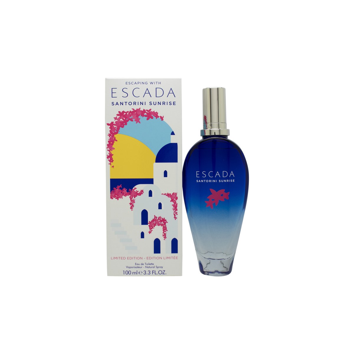 Santorini Sunrise Limited Edition Eau De Toilette Escada 100 ml, høj blåtonet flakon med rund form, Santorini-motiv og spraytop