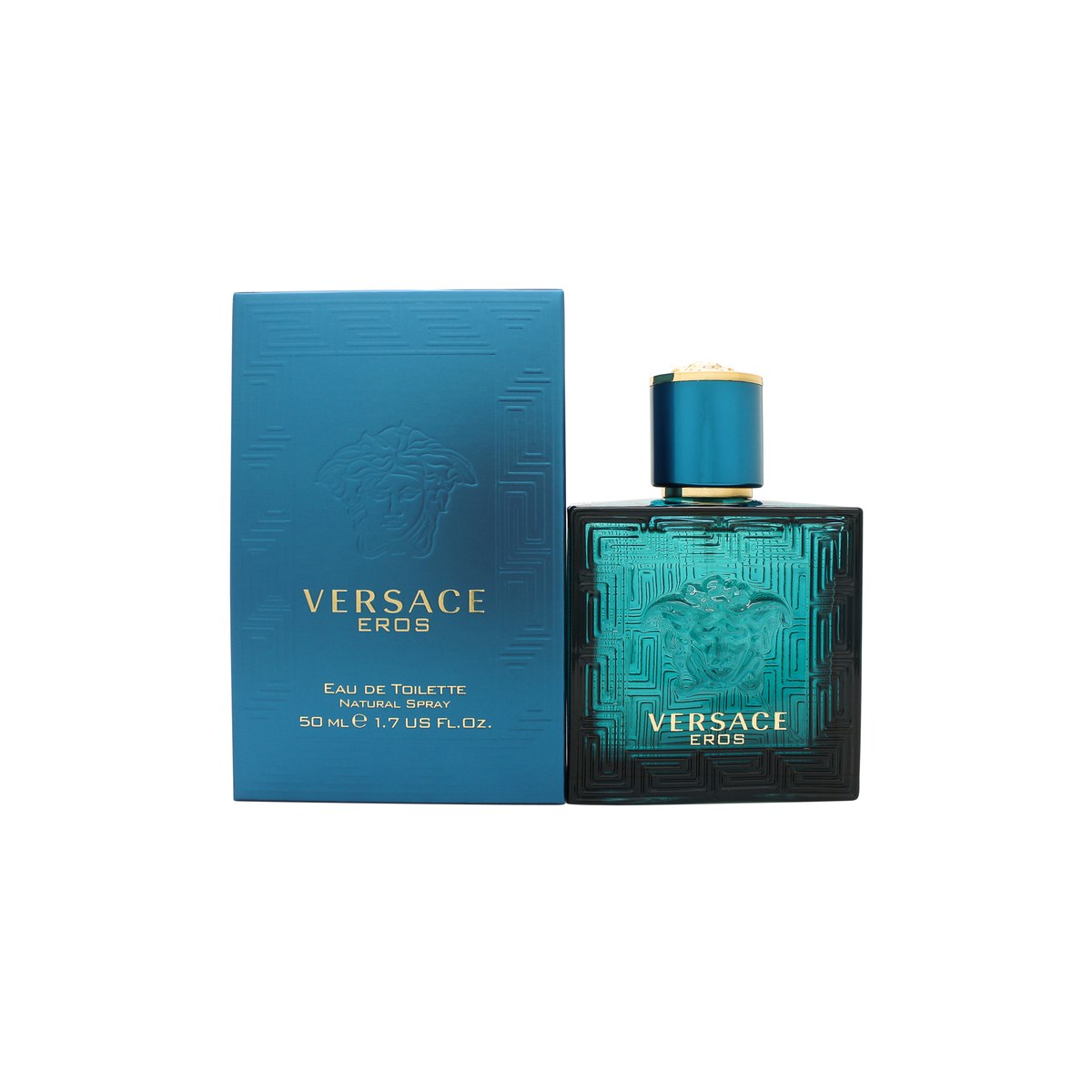 Versace Eros Eau De Toilette, Versace 50 ml i blå glasflaske med firkantet form, dekoreret med græsk frise og Medusa-emblem