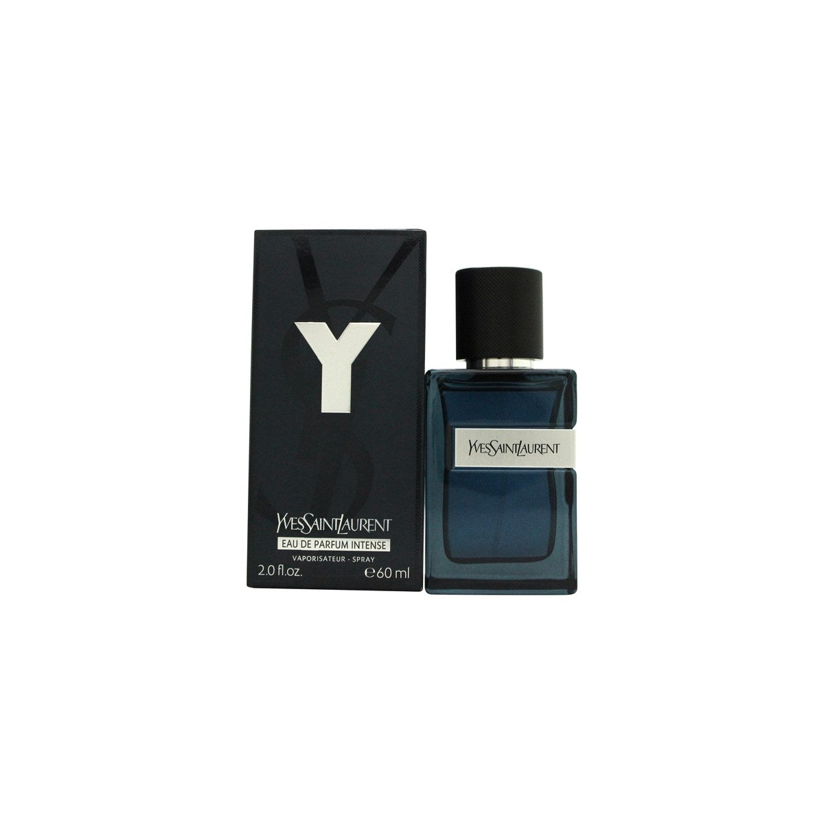 Yves Saint Laurent Y Eau de Parfum Intense 60 ml – mørkeblå, gennemsigtig flakon med sølv Y-logo og sort spraytop.