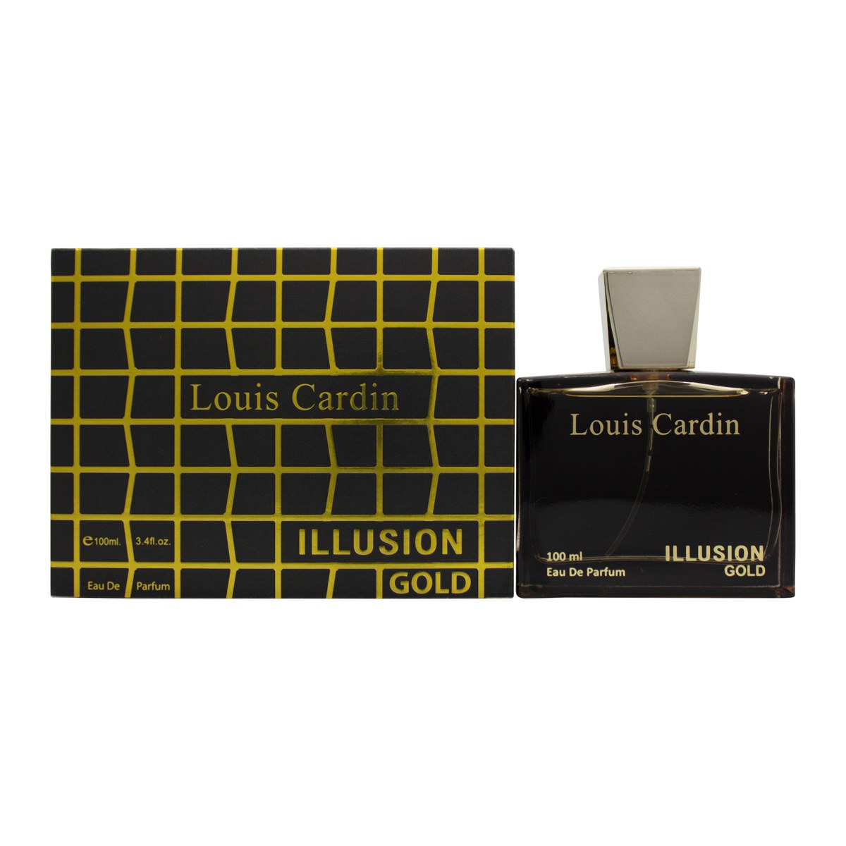 Louis Cardin Illusion Gold Eau de Parfum 100 ml – gylden, kantet glasflakon med sort låg og blank guldfinish.