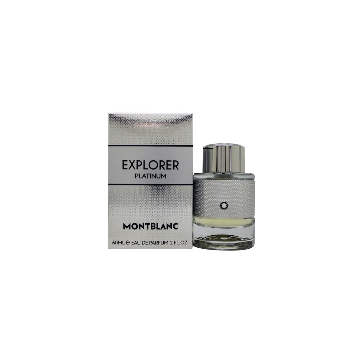 Mont Blanc Explorer Platinum Eau de Parfum 60 ml fra Mont Blanc, sølvgrå flakon med struktureret hylster og sort korkprop.