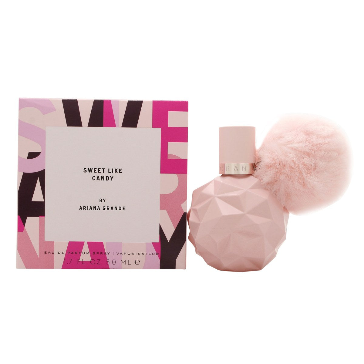 Ariana Grande Sweet Like Candy Eau de Parfum 50 ml, lyserød facetslebet flakon med pompon og sølvlåg