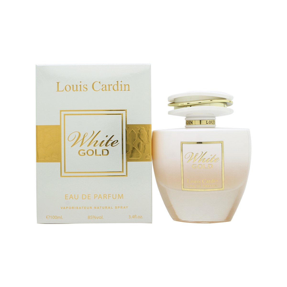 Louis Cardin White Gold Eau de Parfum 100ml – rektangulær glasflakon i hvid med gulddetaljer og matchende gylden hætte.