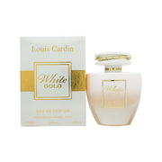 Louis Cardin White Gold Eau de Parfum 100ml – rektangulær glasflakon i hvid med gulddetaljer og matchende gylden hætte.