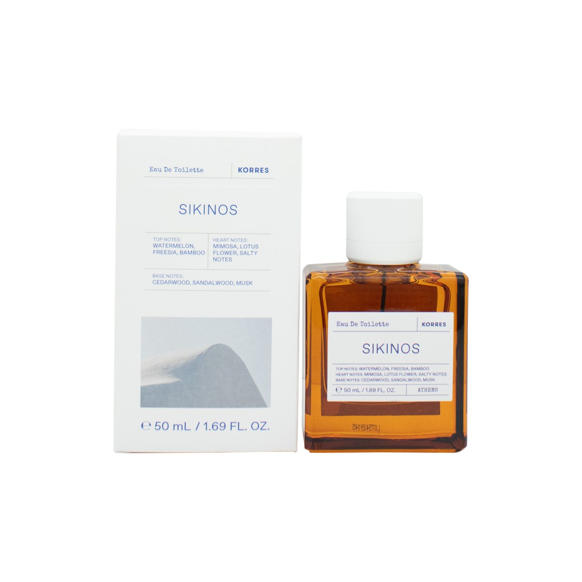 Korres Sikinos Eau de Toilette 50 ml – klar glasflaske med hvid etiket og sort låg i enkelt, nordisk design